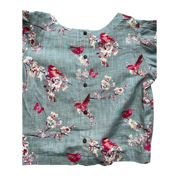 Bombay Paisley XS Linen Crop Top Bird Print Puff Sleeve Blouse Fairy Garden - Picture 10 of 16